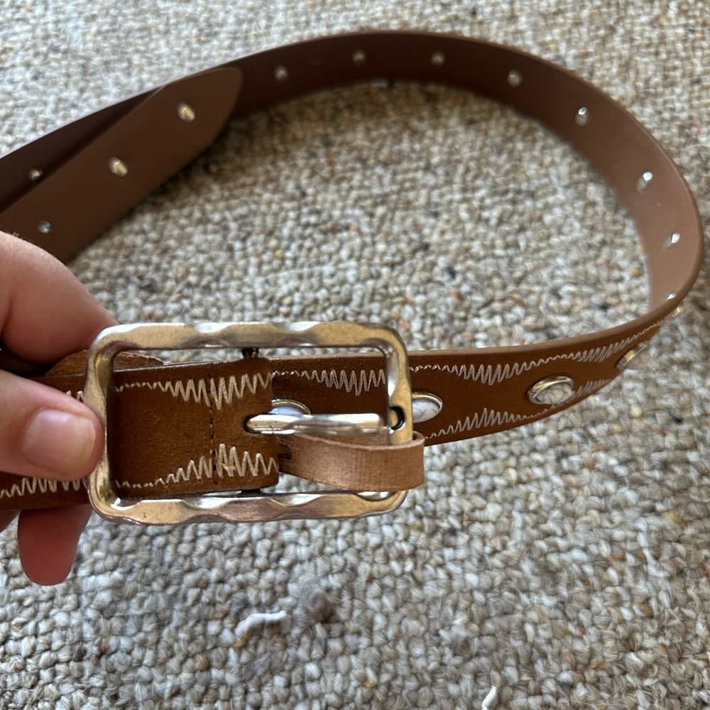 Mango Brown Leather Belt with Beaded  Studs
